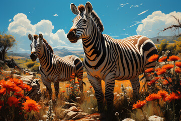 Wall Mural - A group of zebras grazing in the grasslands, their stripes creating a mesmerizing optical effect. 