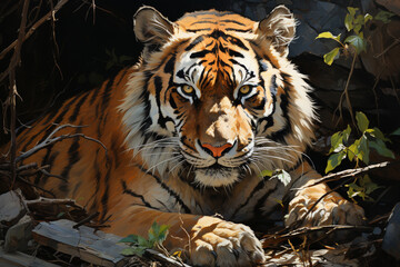 Wall Mural - A tiger basking in the sunlight, its distinctive orange coat adorned with dark stripes. 