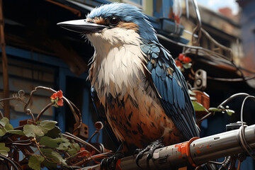 Wall Mural - A close-up photograph of an electrical pole with a bird perched on top, capturing the juxtaposition of technology and wildlife.  