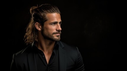 Wall Mural - handsome groomed man with long hair side view on dark background.