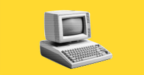 Poster - Old retro computer with keyboard and monitor for writer. Collage element in halftone effect. Pop art illustration on bright yellow background. Vector png