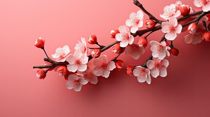 real peach blossom on red background, chinese spring festival cards, wallpaper