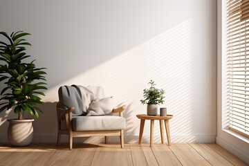 Interior of living room with brown armchair and plant