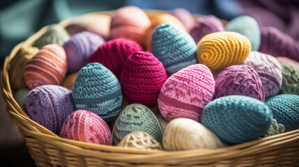 Wall Mural - A basket full of colorful knitted eggs, AI