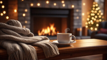 Wall Mural - Mug of hot drink in front of fireplace