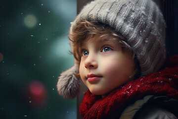 Generative AI portrait of small funny child believe in santa claus waiting christmas gifts presents