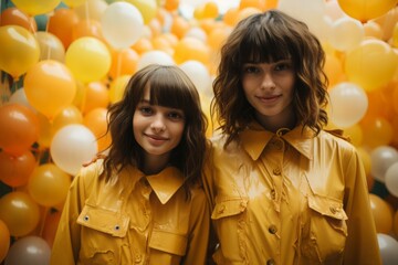 Wall Mural - Portrait of two women, colorful balloons background