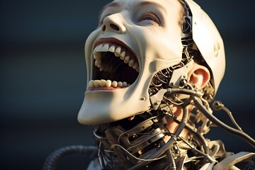 Aufkleber - Funny and scary laughing cyborg, with empty copy space Generative AI 