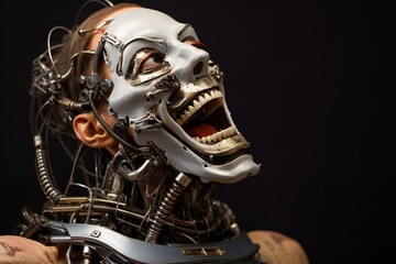 Poster - Funny and scary laughing cyborg, with empty copy space Generative AI 