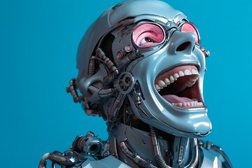 Aufkleber - Funny and scary laughing cyborg, with empty copy space Generative AI 