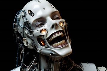 Poster - Funny and scary laughing cyborg, with empty copy space Generative AI 