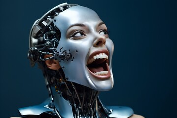 Poster - Funny and scary laughing cyborg, with empty copy space Generative AI 