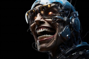 Poster - Funny and scary laughing cyborg, with empty copy space Generative AI 