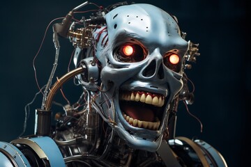 Poster - Funny and scary laughing cyborg, with empty copy space Generative AI 