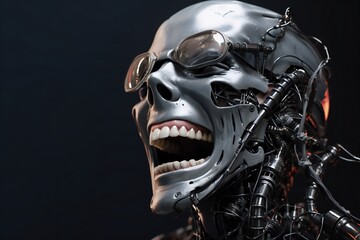 Poster - Funny and scary laughing cyborg, with empty copy space Generative AI 