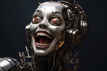 Poster - Funny and scary laughing cyborg, with empty copy space Generative AI 
