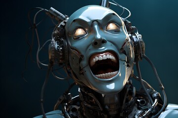Poster - Funny and scary laughing cyborg, with empty copy space Generative AI 