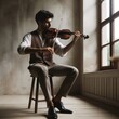 A man in classic attire plays the violin with emotion in a sunlit, moody room