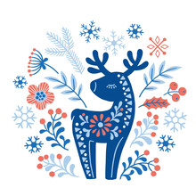 Vector Hand Drawn Illustration Of Animals In Nordic Style Hygge. Silhouette Of A Deer In A Floral Pattern In A Folk Scandinavian Style