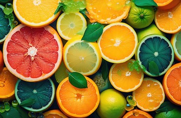 Wall Mural - Slices of fresh juicy oranges, sweetie, lemons, grapefruits and limes. Citrus fruits cut pattern. Vibrant color summer design. Flat lay, top view