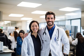 Wall Mural - A diverse medical team in a hospital, wearing uniforms, smiling confidently, and working together harmoniously.