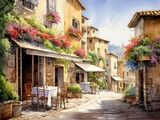 Fototapeta Uliczki - Provence streets with windows and houses and flowers in watercolor style