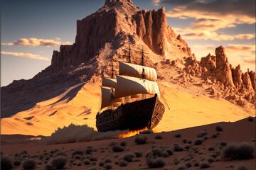 AI generated illustration of an ornate pirate ship in a desert