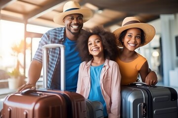 Young African family preparing luggage suitcases in hotel for travel vacation