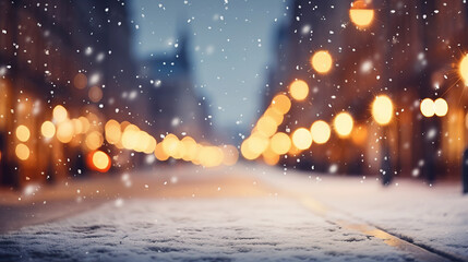 Wall Mural - Beautiful blurred street of festive night or evening city with snowfall and Christmas lights. Abstract christmas defocused background.