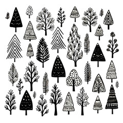 Wall Mural - Black doodle Christmas trees symbols clip art on white background