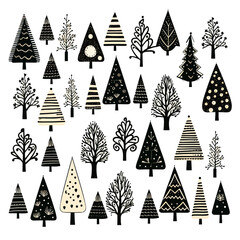 Wall Mural - Black doodle Christmas trees symbols clip art on white background