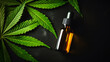CBD oil bottle among cannabis leaves. Mockup design for medical CBD treatment oil of hemp seeds, THC tincture product. Generative AI