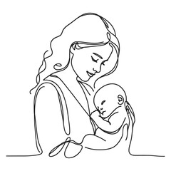 Wall Mural - Happy Mother's Day card. Woman holding baby in one line style. Vector illustration