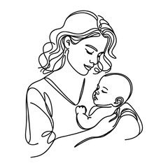 Canvas Print - Happy Mother's Day card. Woman holding baby in one line style. Vector illustration