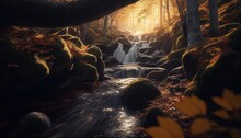 AI Generated Illustration Of A Waterfall Flowing Down The Rocks In A Forest In Autumn