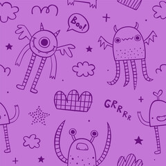 Wall Mural - seamless doodle pattern with sketch monsters for baby. scribble vector print with naive outline mons