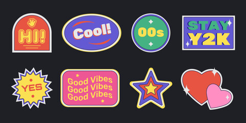 Poster - Retro sticker pack in Y2K aesthetic, group of graphic design elements, labels, badges with heart and stars symbols. Vector illustration.
