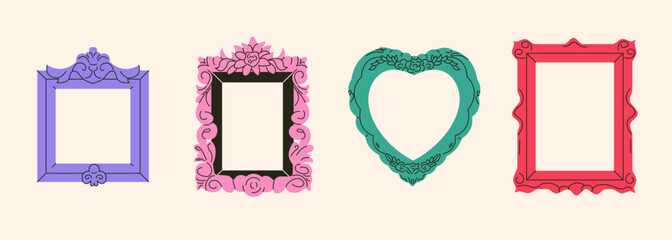 set of colorful abstract frames or mirrors in retro style. different shapes vintage photo picture fr