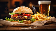 Hamburger With Fries, Onion Rings And Beer