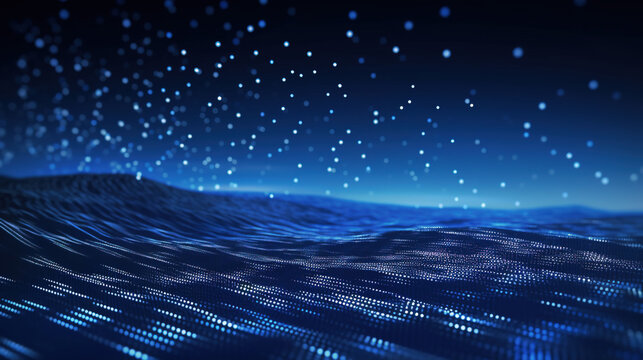 Abstract digital landscape terrain with sky at night