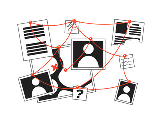 Wall Mural - Clues investigation wall with red threads black and white 2D cartoon object. Killer murder scheme isolated vector outline item. Detective suspect. Red strings monochromatic flat spot illustration