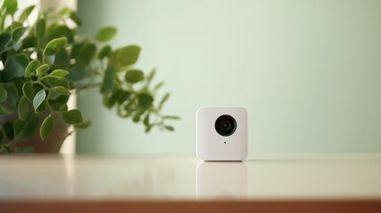 Canvas Print - A small white camera sitting on a table, AI