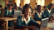 Generative AI image of a happy Kenyan school children learning coding, summer time