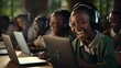 Generative AI image of a happy Kenyan school children learning coding, summer time
