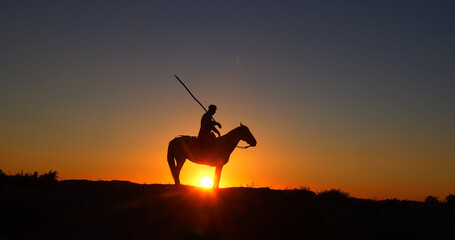 Wall Mural - man on his camargue horse at sunrise, manadier in saintes maries de la mer in camargue, in the south