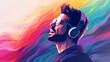 Portrait of man in headphones immersed in music singing song against abstract background of multicolored waves, favorite hobby and emotional release through singing to music