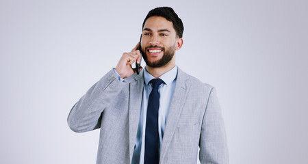 Aufkleber - Businessman, cellphone and call for networking, communication and isolated on studio background. Mobile, professional and smiling for business conversation, consulting and corporate accountant