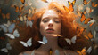 Face woman surrounded by butterflies.
