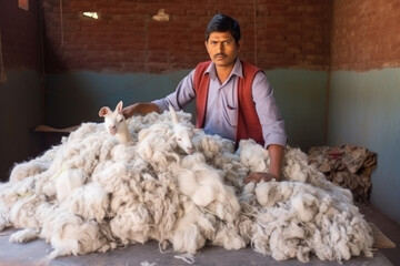 Indian man shelving wool from sheep