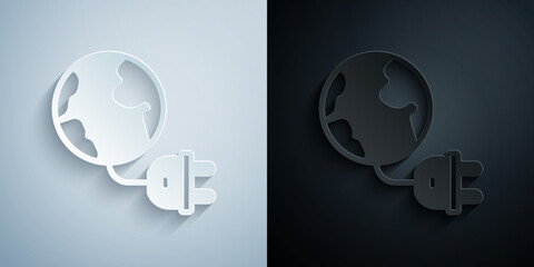 Poster - Paper cut Global energy power planet with plug icon isolated on grey and black background. Ecology concept and environmental. Paper art style. Vector